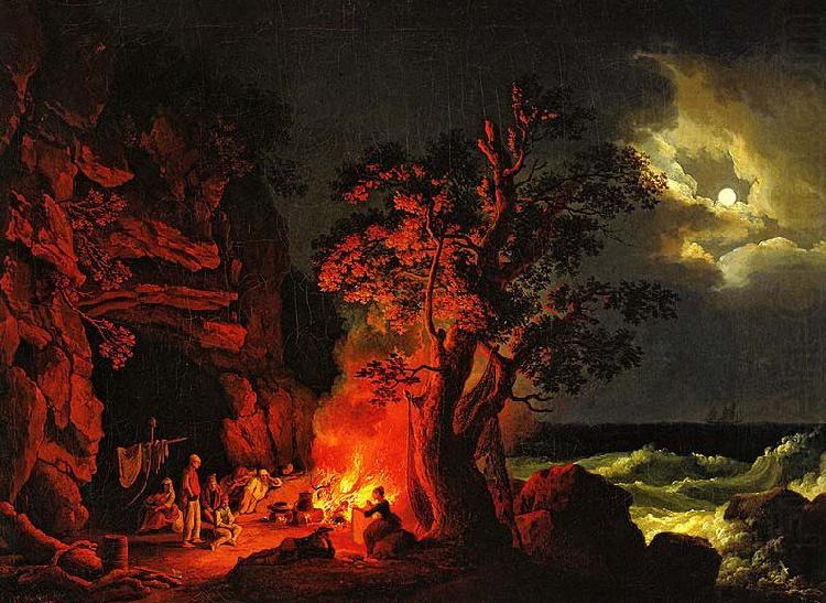 Jacob Philipp Hackert Fischerfamilie am nachtlichen Lagerfeuer mit aufgewuhlten Meer china oil painting image